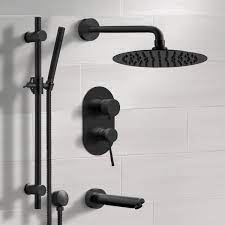 Matte Black Tub And Shower Faucet Set With Rain Shower Head And Hand Shower In 2021 Shower Faucet Sets Tub And Shower Faucets Shower Faucet