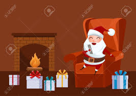 Wood empty surface and living room as background in the. Merry Christmas Santa Claus Sitting In Armchair Near Fireplace In Living Room And Holding Smartphone Christmas Background Cartoon Vector Illustration Royalty Free Cliparts Vectors And Stock Illustration Image 69115556