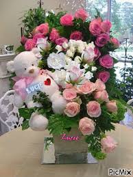 Cute teddy bear with pink flowers on white background. Flower Gif Gif By Majedbazadough201