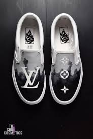 Black And White Custom Vans Slip Ons Black Smoke Hand Painted Louis Vuitton Vans Slip On Custom Sneakers Genel Custom Vans Shoes Lv Shoes Custom Sneakers