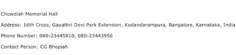 chowdiah memorial hall address contact number of chowdiah