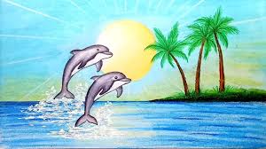 How to draw scenery of Dolphin in beach.Step by step(easy draw ...
