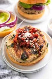 I used 220g chicken mince to make 4 patties for the two of us. Sun Dried Tomato Spinach And Feta Turkey Burgers Lemons Zest