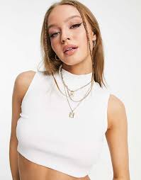 Miss Selfridge cropped rib funnel top in white