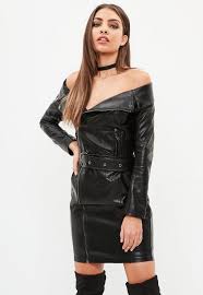 A Dress In An Off Shoulder Biker Style With Faux Leather Finish Long Sleeves And Mini Length Biker Dress Coats Jackets Women Dresses