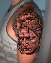 Channeling the spirit of Alexander the Great with this powerful tattoo. A  symbol of leadership, ambition, and legacy. 🛡️🗡️ . . . . . #warriortattoo  #tattoo #warrior #tattoos #inked #ink #tattooartist #blackandgreytattoo #