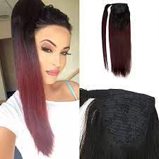 Moresoo Ponytail Hair Extensions Straight Human Hair Color Off Black 1b Fading To Wine Re 24 Inch Hair Extensions Quality Human Hair Extensions Sleek Ponytail