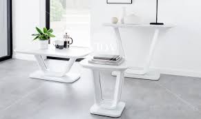 Lazzaro White High Gloss Console Table Laz 009 Wh First Furniture First Furniture The chic combination of white gloss and brass will add a stylish touch to your space, while the frosted glass shelf gives extra.