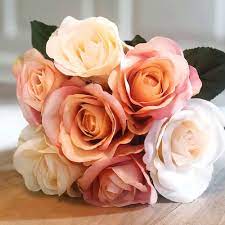 Flower centerpieces new design flower table runner for wedding decoration, any designs can be customized as per your request, please contact us without no hesitation! Faux Flowers Bouquet Of Peach And Cream Roses