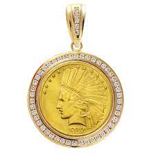14kt Yellow Gold Diamond Coin Pendant Has 1 30 Cts Of High Quality G Si1 Channel Set Diamonds Pictured Wit Gold Coins Gold Coin Jewelry Diamond Pendant Sets