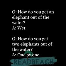 I wonder why the elderly homeless man is looking at me with such hostility until i remember i'm wearing an evening suit. Q How Do You Get An Elephant Out Of The Water A Wet Q Readbeach Com