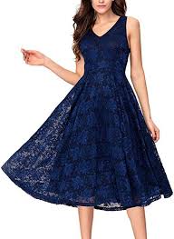 Amazon Com Noctflos Lace V Neck Fit Flare Midi Cocktail Dress For Women Party Wedding Small Navy Blue Clothing Midi Cocktail Dress Prom Dresses Blue Womens Cocktail Dresses