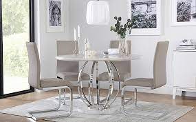 Savoy Round White Marble And Chrome Dining Table With 4 Perth Taupe Leather Chairs Only 499 99 Chrome Dining Table Dining Table Chairs Dining Room Table Decor