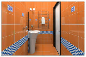 Daher beginnst du an außenkanten mit ganzen fliesen und arbeiten sich dann in richtung innenecken vor. Herdabdeckplatte Modernes Badezimmer In Orange Mit Blauen Fliesen Wallario De