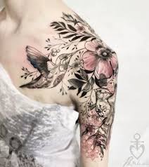 Bird And Flower Tattoo On Shoulder Ooo Pink And Grey Flowers Birds Shoulder Tattoos For Women Sleeve Tattoos For Women Bird Tattoos For Women