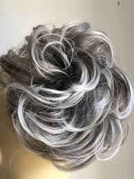 authentic curly hair scrunchie extension ponytail in ash grey blonde curly with white highlights 1 grey hair topper grey curly hair curly hair styles