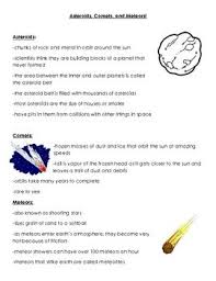Astronomy Space Handout Asteroids Comets Meteors Handouts Space Unit Meteor
