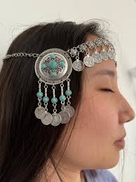 Kazakh Kyrgyz Afghan Central Asia Ethnic Antique Retro Boho Handmade  Turquoise Headwear Accessories shekelik Gift Mother Silver Pendant