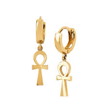 Crafted in 14k gold, each clever earring showcases long wires elegantly crossing at the base. Solid Eternal Ankh Cross Hoop Earrings