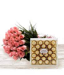 Why give just flowers or just chocolate when you can pair the two and deliver up and incredible gift of flowers and chocolate! Send Hand Bouquets Online The Rose Mart Qatar Pink Roses Chocolates