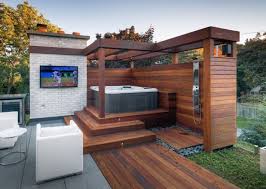 25 Refreshing Outdoor Shower Ideas For An Easy Breezy Summer Hot Tub Patio Hot Tub Outdoor Hot Tub Garden