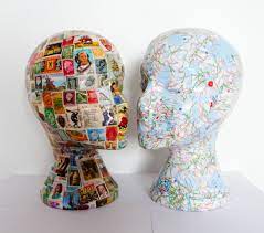British Atlas Decoupaged Mannequin Head Wig Hat Display Hat Display Foam Head Art Cardboard Sculpture