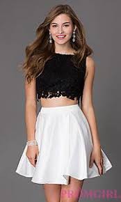 Black And White Semi Formal Dress Buy Short Two Piece Dress 7300 With Lace Bodice At Promgirl Two Piece Homecoming Dress Lace Bodice Dresses Midriff Dress