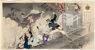 Mizuno Toshikata: Triptych: Harada Jûkichi was the First to Climb Up the  Genbu Gate and Bravely Attack the Chinese Displaying Military Honor  (Genbumon kôgeki zuiichi genkôsha Harada Jûkichi shi sentô funsen zu),