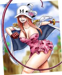 iury padilha, kujaku (one piece), one piece, 1girl, ass, bare legs, blue  sky, blush stickers, breasts, brown gloves, cleavage, clenched hand, coat,  dress, gloves, hat, holding, holding weapon, large breasts, lips, lipstick,