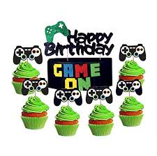 Party decor features retro video game pixel graphics and a green and black color palette. 25 Pcs Laventy Black Game On Cupcake Toppers Video Set Gaming Party Decoration Boys Birthday Banners For Theme Educational Toys Planet