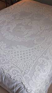 Antique French Handmade Filet Lace Scalloped Bedspread Curtain Dowry Linen Wedding Set Romantique Design Wit Cherubs Putty Flowers Scrolls Fillet Crochet Patterns Crochet Bedspread Beautiful Cross Stitch Pattern