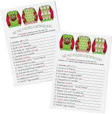 Nov 22, 2017 · ugly sweater season is here and we want to make sure you're making the best decision possible. Amazon Com Ugly Sweater Party Game Pack 25 Cards Christmas Party Supplies Scavenger Hunt Festive Fun Guessing Activity Holiday Events Home Kitchen