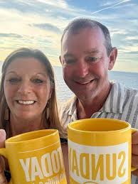 Celebrating our 30th anniversary cruising with my forever high school  sweetheart- Larry and Gina Daniels, from Rolla, Missouri. Raising our mugs  from the Caribbean for a special Mug Toast to Willie Geist