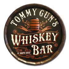 Bourbon bar reclaimed wood sign. Whiskey Wall Decor And Personalized Barrel Head Bar Signs