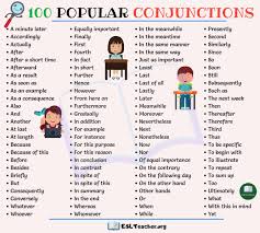 Conjunctions List Top 100 Popular Conjunctions In Sentences Esl Teachers Conjunctions Conjunctions Worksheet Linking Words