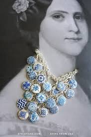 Silver Necklace Portugal Tile 925 Antique Azulejo BLUE Bib