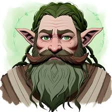 Firbolg with grey skin, sage green eyes, a forest green beard an...