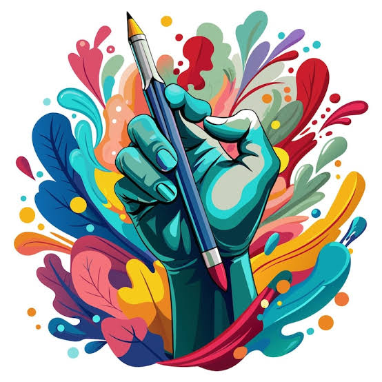 uma ilustração em forma de desenho de mão segurando um lápis e ao fundo varias cores e formas de gotas,