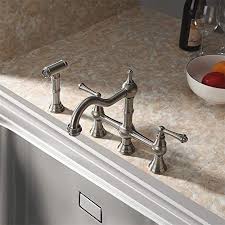 Contemporary design two handle 4 spread solid brass construction available ﬁnish: Buluxe 4 Hole 2 Handles Kitchen Faucet With Side Sprayer Modern Kitchen Sink Faucet With Victorian Swiveling Spout Kitchenfaucets Com