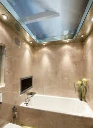 Elegant attic bathroom features sloped ceiling fitted with skylight above a roll top pedestal tub with floor mount gooseneck tub filler and hand shower framed by gray walls boasting a heated towel rack across from a purple accent chair studded with a band of square silver nailhead trim atop gray and. Home Architec Ideas Bathroom Roof Design