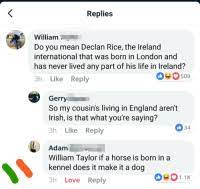 Replies William Do You Mean Declan Rice The Lreland International That Was Born In London And Has Never Lived Any Part Of His Life In Ireland 3h Like Reply 509 Gerry So