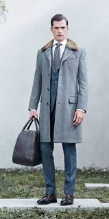 Men S Grey Herringbone Fur Collar Coat Blue Vertical Striped Wool Suit White Dress Shirt Dark Brown Leather Double Monks Costume En Laine Manteau Fourrure Homme Manteau Col Fourrure Homme