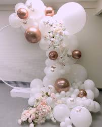 Beautiful White Balloon Garland With Floral And Rose Gold Touches In 2020 Balloon Decorations Party Wedding Balloons Girl Shower Themes