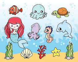 Cute Sea Creatures Clipart Vector Baby Octopus Fish Underwater Creatures Cute Chibi Dolphin Seahorse Sea Animals Drawings Sea Creatures Animal Drawings