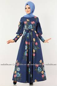 Moda Selvim Desenli Balon Kol Elbise 2161ms212 Laci Floral Blue Dress Navy Blue Floral Dress Dresses