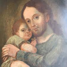 Antique Retablo Jesus and Child Framed Oil