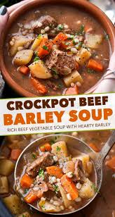 Crockpot Beef Barley Soup The Chunky Chef In 2020 Crockpot Beef Barley Soup Crockpot Soup Recipes Barley Soup