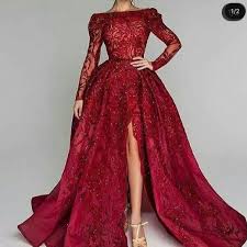 متجر توفا تفصيل اجمل فساتين الزفاف والسهرة المميزة والمختلفة والسعر مناسب جدا للطل Red Prom Dress Long Evening Dresses With Sleeves Long Sleeve Prom Dress Lace