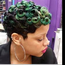 Add A Little Color To Your Betty Boop Curls We Are Loving This Green Of Swirl Pincurl Curly Hair Styles Short Weave Hairstyles Cute Short Curly Hairstyles