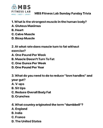 As much as our body needs exercise, our brain also requires some working out from time to time. Mbs Fitness Lab Happy Sunday Funday Let S Play Super Fun Mbs Trivia Answer The Four Trivia Questions Below Mbsfitnesslab Sundayfunday Fitnesstrivia Trivia Facebook